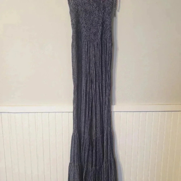 STORIA Deep Blue Floral Print Smocked Tiered Bell Bottom Jumpsuit - Picture 3 of 6